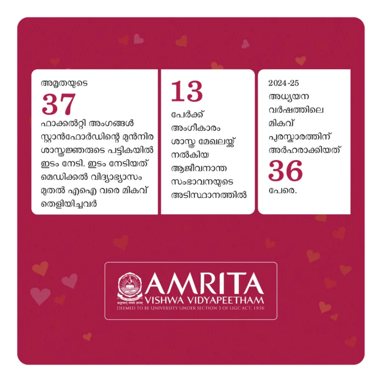 മെഡിസിൻ മുതൽ എഐ വരെ; സ്റ്റാൻഫോർഡിന്റെ ആഗോള ശാസ്ത്രജ്ഞരുടെ റാങ്കിംഗിൽ തിളങ്ങി അമൃത വിശ്വവിദ്യാപീഠം