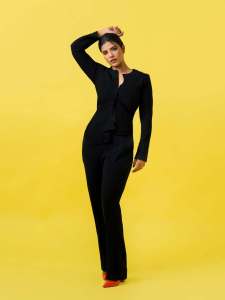 aishwarya-rajesh-in-Modern-Black-Pant-Suit-Ensemble-paired-with-bright-orange-pointed-heels-for-contrast