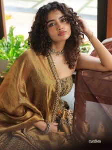 anupama-parameswaran-in-antique-gold-lehenga-Strapless-sweetheart-neckline-corseted-choli-with-vertical-panel-structuring-photos-005