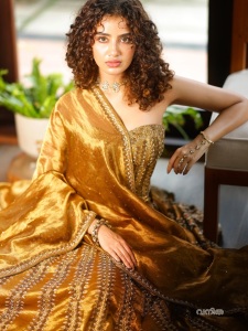 anupama-parameswaran-in-antique-gold-lehenga-Strapless-sweetheart-neckline-corseted-choli-with-vertical-panel-structuring-photos-012