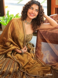 anupama-parameswaran-in-antique-gold-lehenga-Strapless-sweetheart-neckline-corseted-choli-with-vertical-panel-structuring-photos