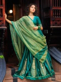 anupama-parameswaran-in-teal-blue-green-long-fitted-top-blouse-V-neckline-and-elbow-length-sleeves-with-patterned-cuffs-Lehenga-Set-photos-005