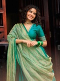 anupama-parameswaran-in-teal-blue-green-long-fitted-top-blouse-V-neckline-and-elbow-length-sleeves-with-patterned-cuffs-Lehenga-Set-photos-008