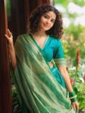 anupama-parameswaran-in-teal-blue-green-long-fitted-top-blouse-V-neckline-and-elbow-length-sleeves-with-patterned-cuffs-Lehenga-Set-photos-009
