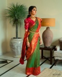 gayathri-suresh-in-dual-toned-pure-silk-Kanchipuram-saree-matching-crimson-red-silk-blouse-with-gold-zari-floral-motif-embroidery-001