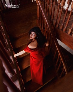 kalyani-priyadarshan-in-red-gown-with-open-neck-design