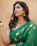 celebrity-kalyani-priyadarshan-in-dark-green-saree-with-green-blouse-006