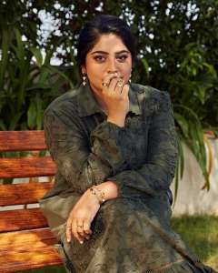 manjima-mohan-in-beans-green-colour-full-length-frock-design-photos
