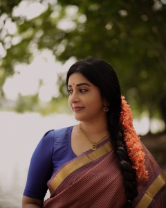 meera-jasmin-in-Handloom-Cotton-Saree-with-a-small-red-and-blue-check-creating-a-dual-toned-with-solid-royal-blue-short-sleeved-cotton-blouse-classic-neckline-photos