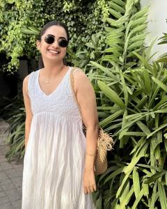 namitha-pramod-in-fit-and-flare-white-cotton-dress-design-photos