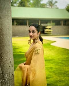 namitha-pramod-in-golden-colour-saree-and-trending-earrings-photos-002