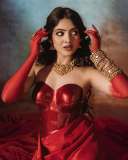 nandana-varma-in-red-Satin-Ruched-Wrap-Tube-Prom-Dress-photos