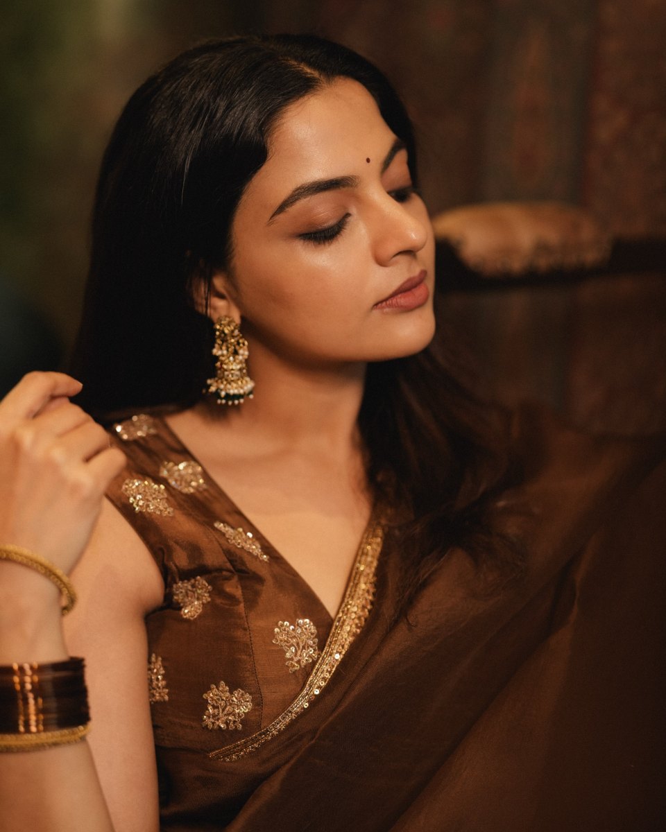 nikhila-vimal-in-lightweight-chocolate-brown-saree-with-sleeveless-blouse-001