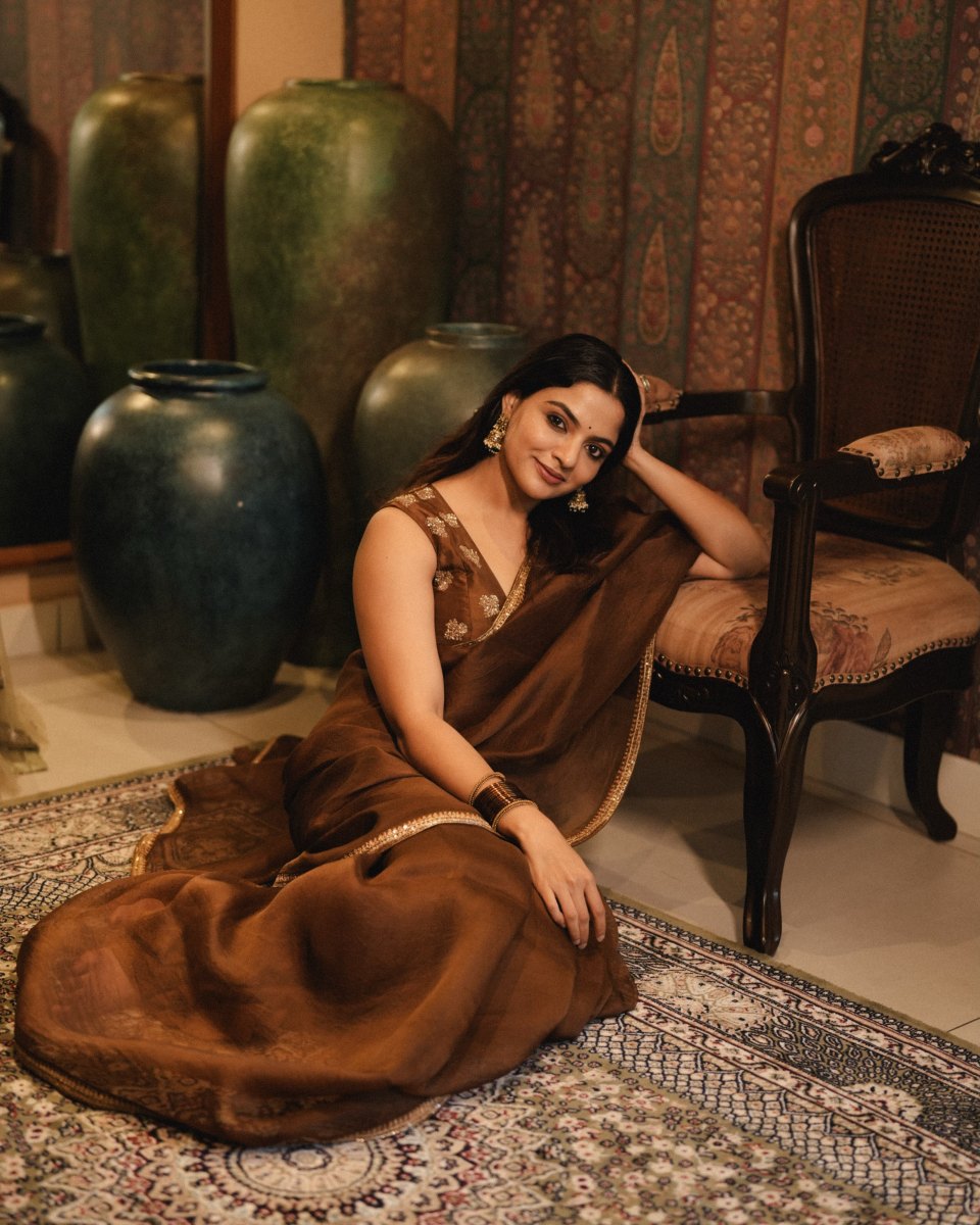 nikhila-vimal-in-lightweight-chocolate-brown-saree-with-sleeveless-blouse-004