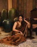 nikhila-vimal-in-lightweight-chocolate-brown-saree-with-sleeveless-blouse-005
