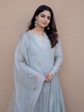 nikhila-vimal-in-pastel-gray-traditional-Indian-Anarkali-set-photos