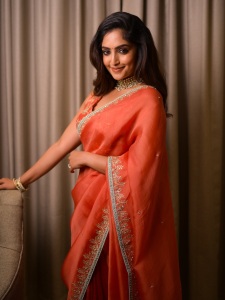 reba-monica-john-in-orange-party-wear-saree-images-004
