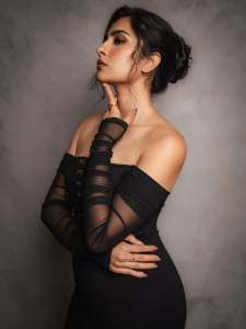rukmini-vasanth-in-Black-Corset-Off-Shoulder-Midi-Dress-photos-002