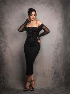 rukmini-vasanth-in-Black-Corset-Off-Shoulder-Midi-Dress-photos