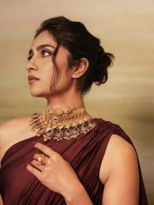 rukmini-vasanth-in-Deep-Wine-Draped-Indo-Western-Gown-Styled-with-a-chunky-traditional-gold-choker-set-with-blue-accents-photos-001
