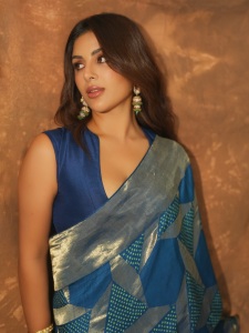 samyuktha-menon-in-Rich-royal-blue-silk-blend-saree-with-Deep-clean-cut-plunged-V-neckline-designed-blouse-photos