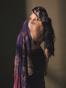 shruti-haasan-in-Royal-Deep-Purple-with-Gold-Accents-Satin-Silk-saree-paired-with-a-matching-low-back-embellished-blouse-photos-002