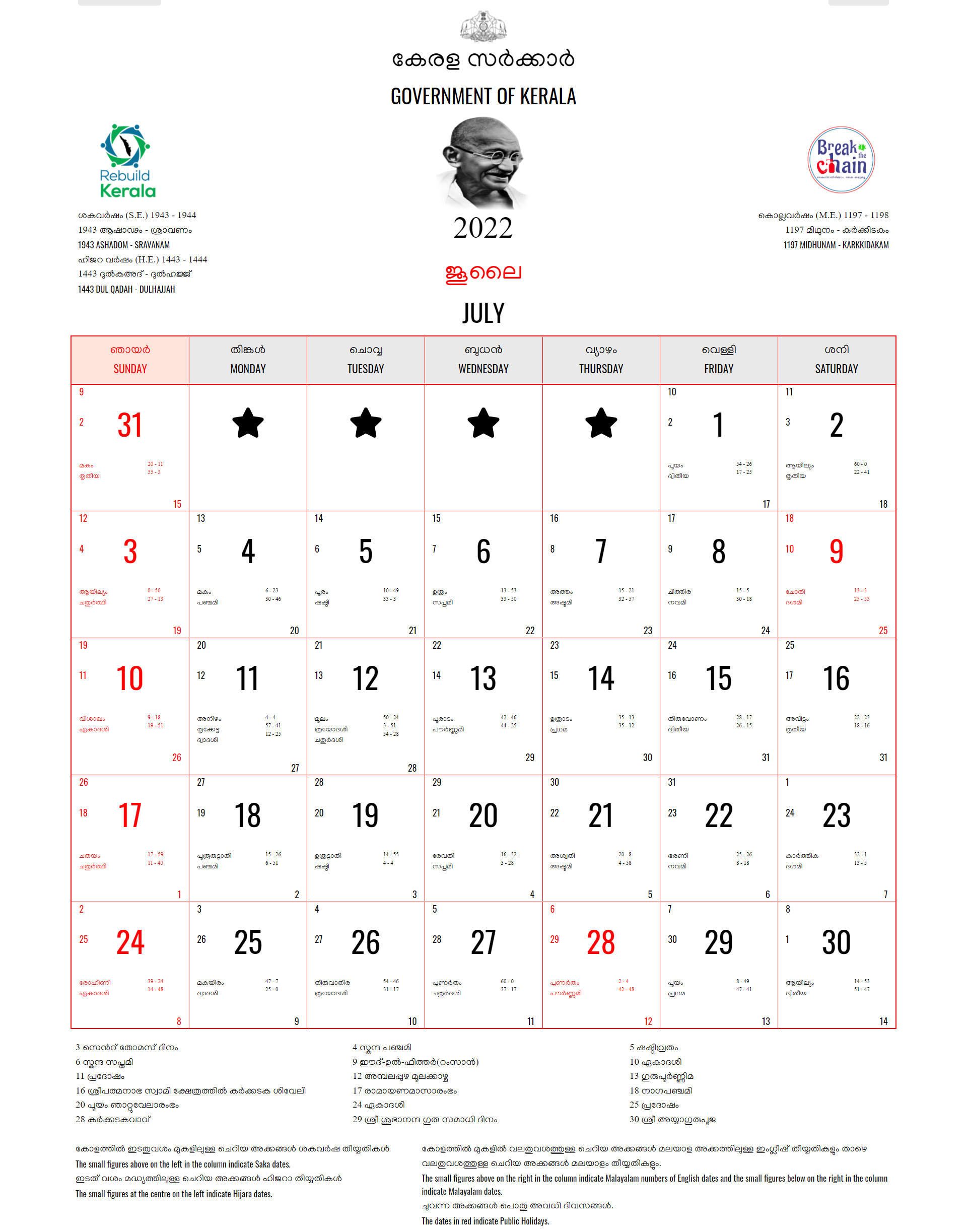 malayalam calendar 2022 july