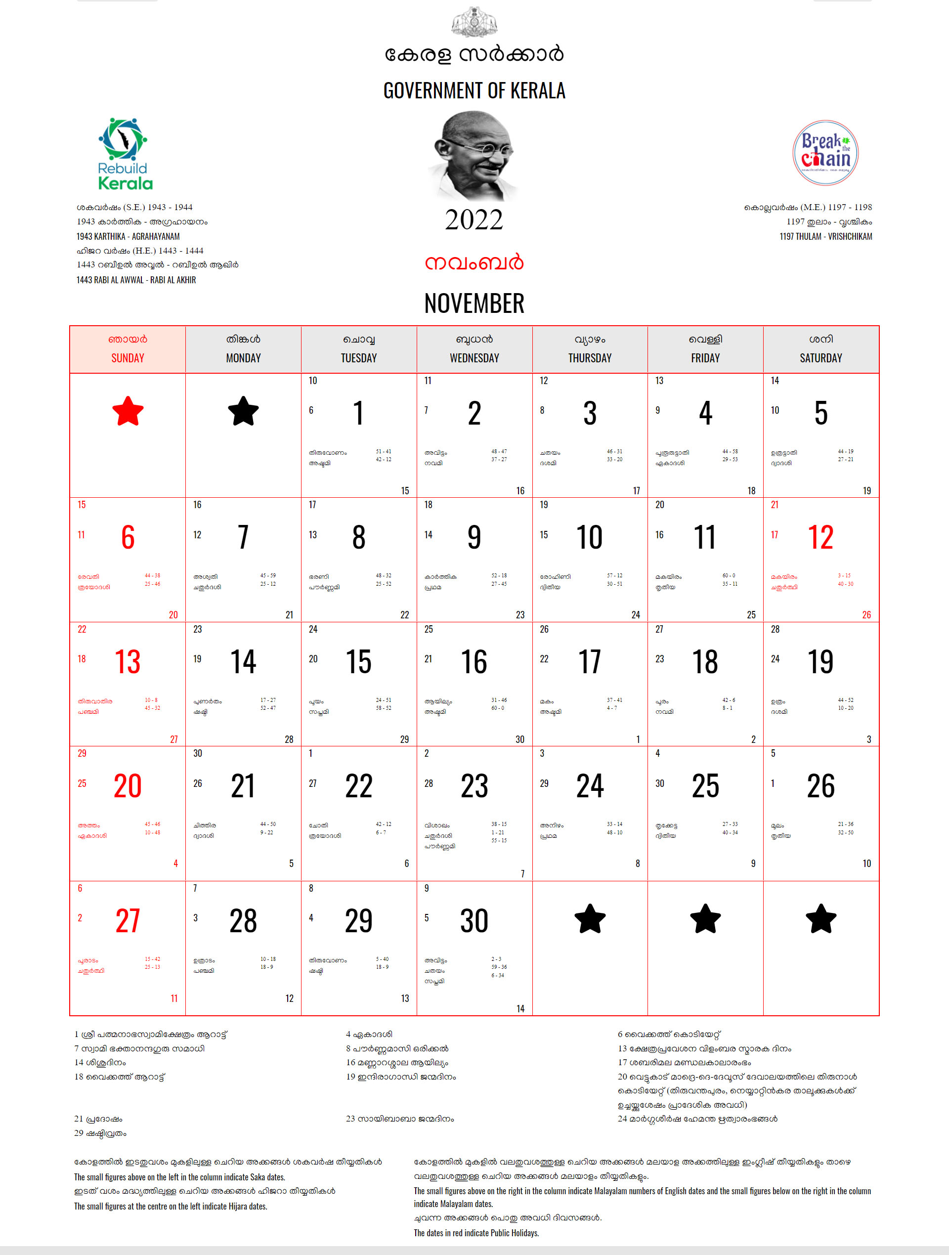 malayalam calendar 2022 november