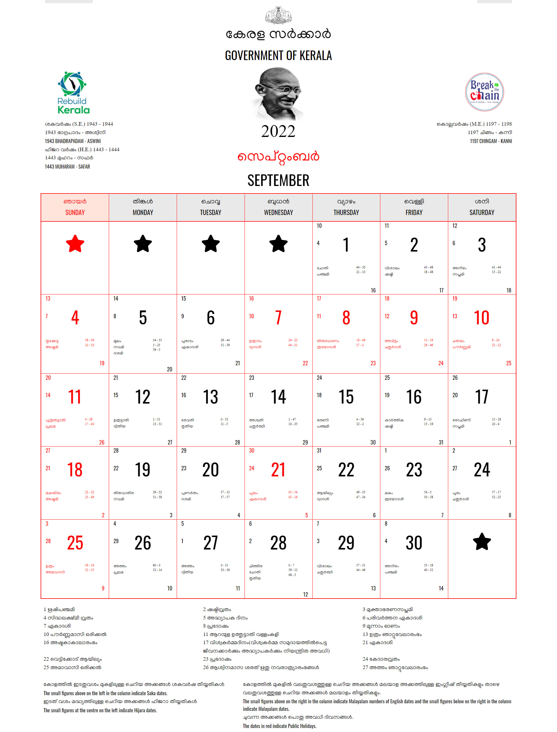 malayalam calendar 2022 september