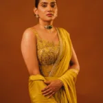 aditi ravi in mustard yellow embroidered ready to wear saree images-006