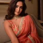 reba monica john in orange party wear saree images-002