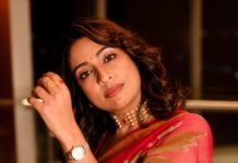 navya nair in in pink and multi colour printing saree with neck choker photos