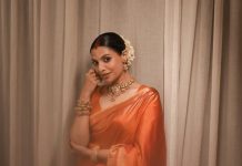 santhi mayadevi in orange pattu saree with matching jewellery photos