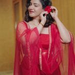 honey rose in rani red color anarkali net design photos-002