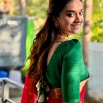 keerthy suresh in pink saree with green blouse combination photos