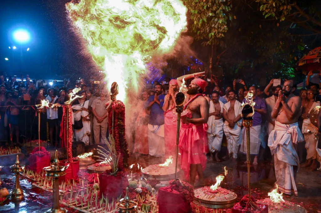 Illuminated Malikappuram Manimandapam at Sabarimala during Guruthi Pooja 2026