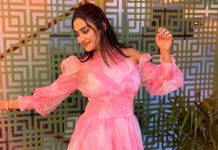aditi ravi in rose colour long frock design from western lady outfit photos