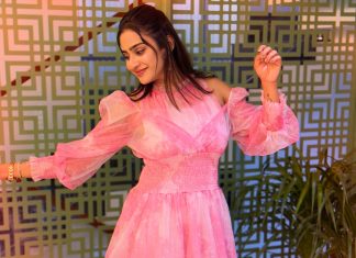 Aditi Ravi aditi ravi in rose colour long frock design from western lady outfit photos
