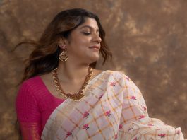 Aparna Balamurali aparna balamurali in ivory organza saree contrasting magenta pink silk blouse and Soft smoky eye warm muted nude pink lip color pics