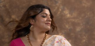 Aparna Balamurali aparna balamurali in ivory organza saree contrasting magenta pink silk blouse and Soft smoky eye warm muted nude pink lip color pics