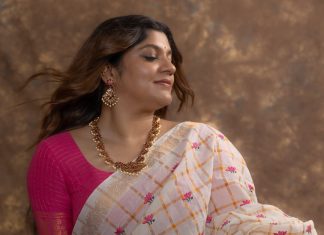 Aparna Balamurali aparna balamurali in ivory organza saree contrasting magenta pink silk blouse and Soft smoky eye warm muted nude pink lip color pics