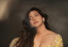 madonna sebastian in lemon yellow lehenga with mirror sequence and wide neck blouse photos
