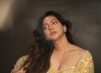 madonna sebastian in lemon yellow lehenga with mirror sequence and wide neck blouse photos