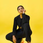 aishwarya rajesh in Modern Black Pant Suit Ensemble paired with bright orange pointed heels for contrast