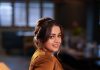 bhavana actress in rich mustard brown symmetrical tulip style draped dhoti skirt dress photos