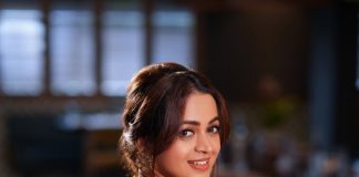 Bhavana bhavana actress in rich mustard brown symmetrical tulip style draped dhoti skirt dress photos