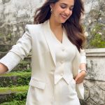 keerthy suresh in white coat and pants office style outfit ideas photos