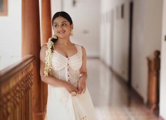 15+ Celebrity-Inspired Onam Outfit & Jewellery Ideas Photos From Classic Kasavu to Onam Salwar Set celebrities onam outfit ideas bye Felicia Designs actress esther anil