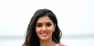 gayathri suresh in beige cotton saree with red floral embroidery along the border photos