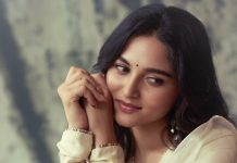 kayadu lohar in Muted ivory off white and pale gold tones Elegant ethnic Sharara and softly defined eyes with thin black eyeliner and nude pink satin lipstick